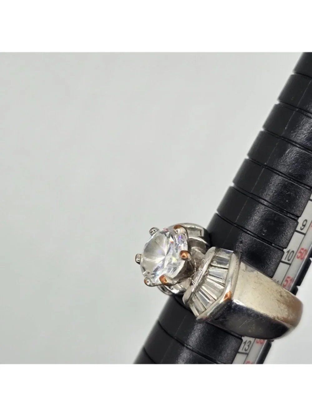 Vintage Silver-Tone Cocktail Ring Large Clear Center Stone Baguette Accents Size
